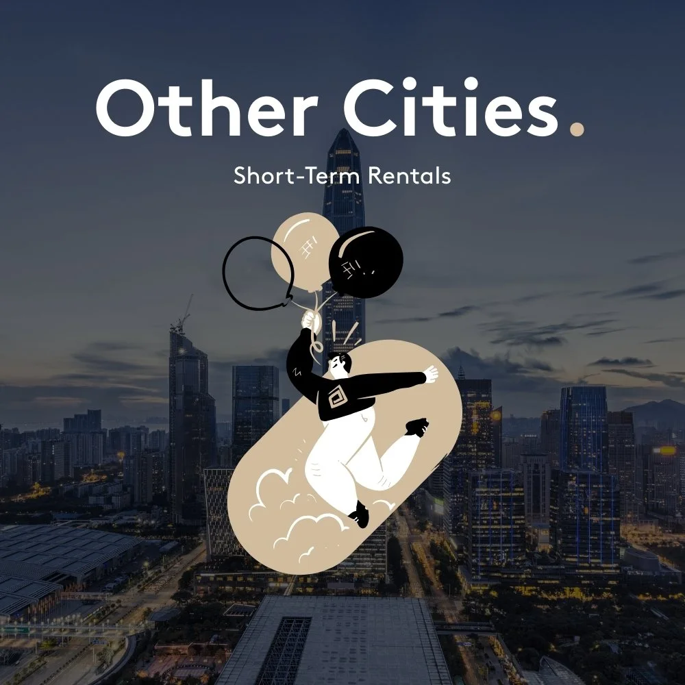Illustration of a person holding balloons and jumping on a cityscape background with tall buildings at dusk for a short-term rentals service called 'Other Cities.'