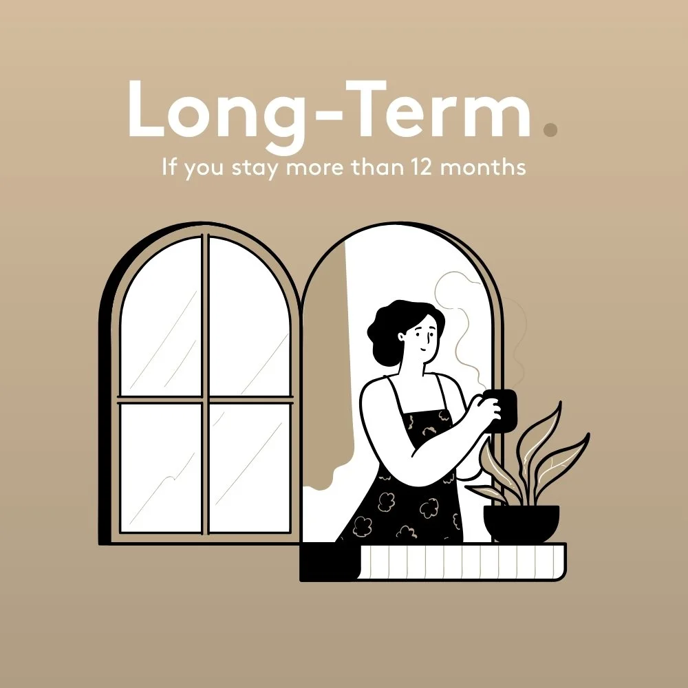 Illustration of a woman standing by a window, holding a mug with steam, on a beige background, with the text 'Long-Term. If you stay more than 12 months.'