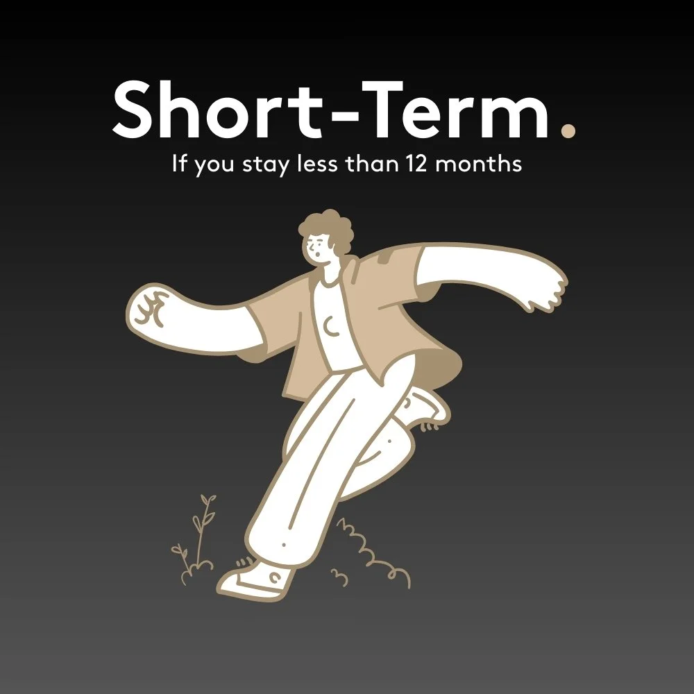 Text and illustration about short-term stay, with a person skateboarding on a black background.