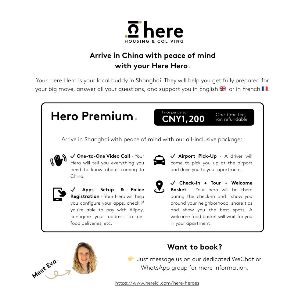Informational flyer for Here Housing & CoLiving promoting arriving in Shanghai with peace of mind. It details services including a one-on-one video call, airport pick-up, app setup, check-in, tour, and welcome basket, with pricing of CNY 1,200 per person. At the bottom, there is a small photo of a woman labeled "Meet Eva" and a link for booking.