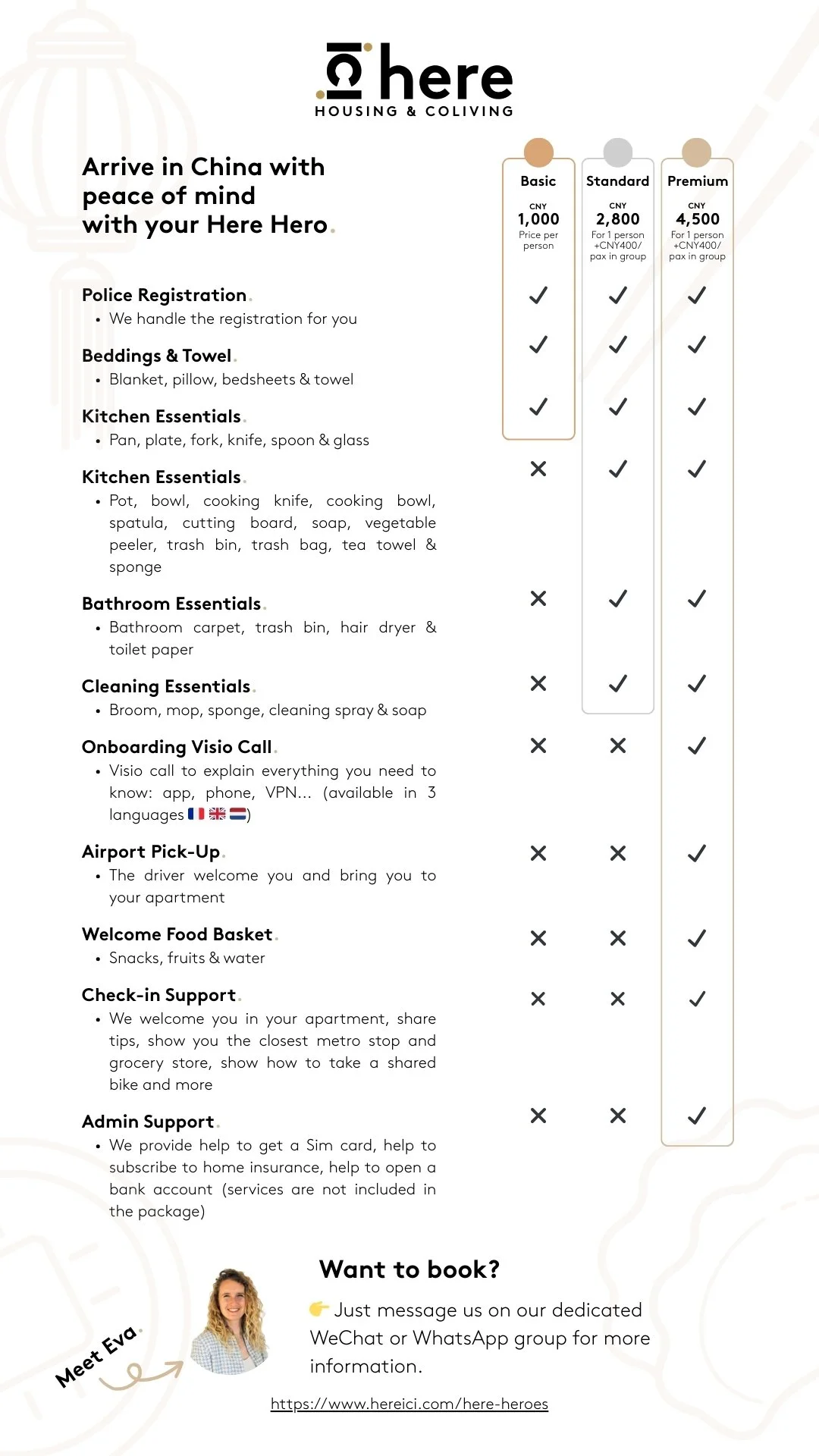 A promotional flyer for a housing and hospitality service called 'Here Here' offering various accommodation packages in China. The flyer lists different amenities and services included in basic, standard, and premium packages, such as police registration, beddings, kitchen essentials, bathroom essentials, cleaning services, onboarding video calls, airport pick-up, welcome food basket, check-in support, and admin support. It also features a photo and contact instructions for booking.