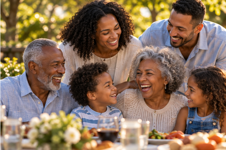 Imagine Your Retirement - Diverse group of retired friends laughing and sharing a meal outdoors, celebrating friendship and freedom in retirement