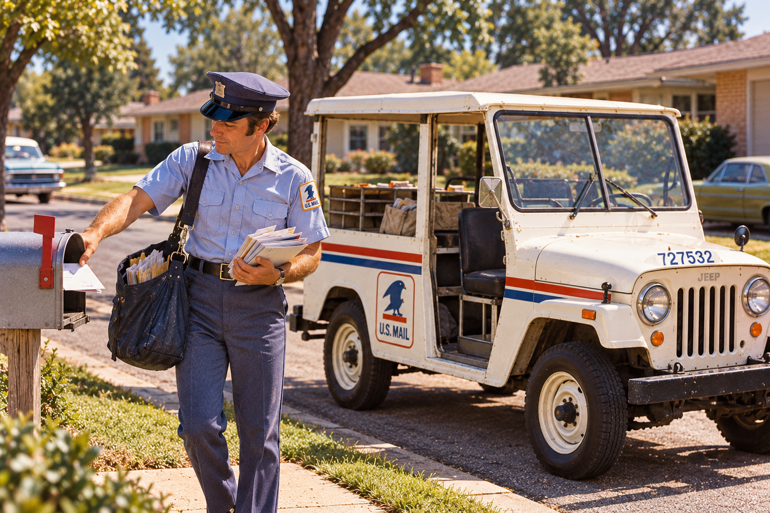 AI-generated illustration of a 1970s postal carrier beside an open-door mail delivery Jeep