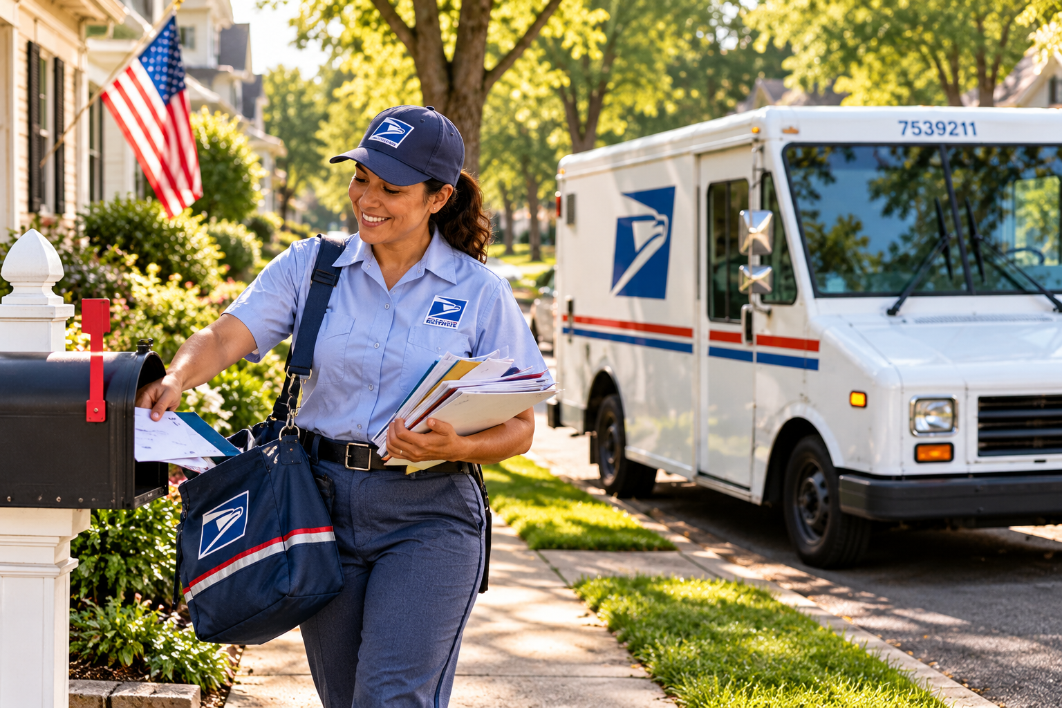 AI-generated modern postal letter carrier delivering mail beside a USPS-style delivery vehicle