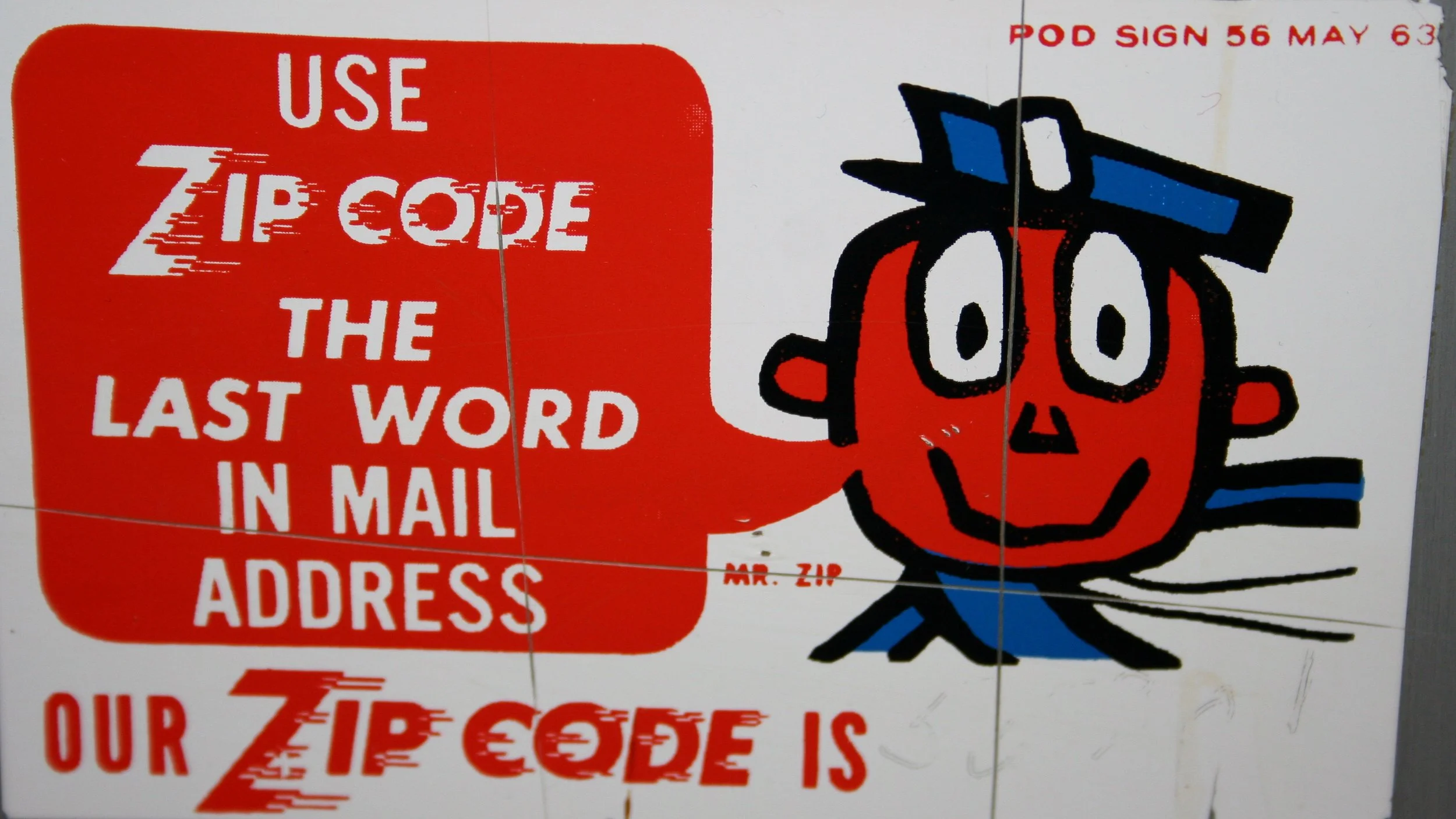 1963 Post Office Department ZIP Code promotional sign featuring Mr. ZIP