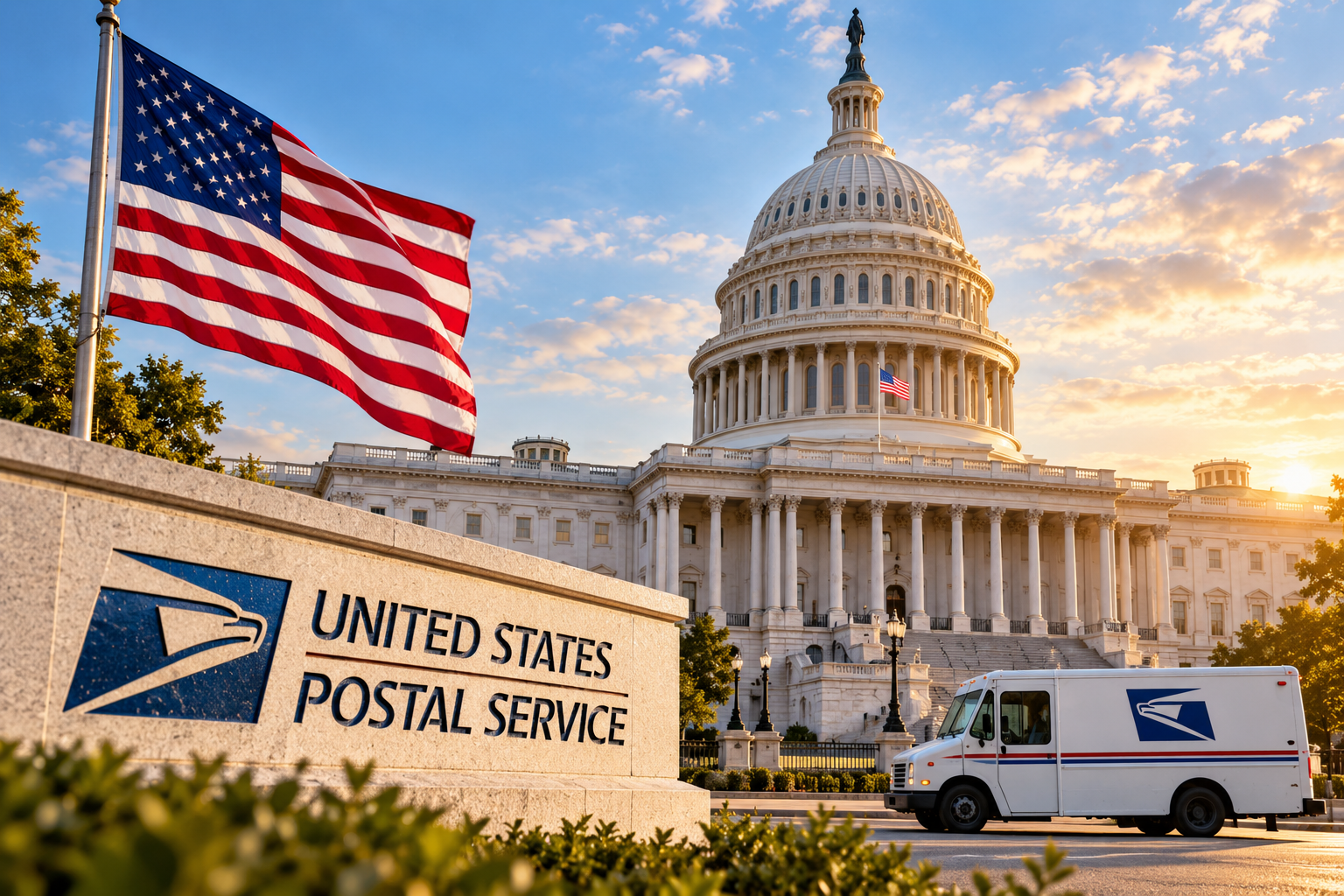 AI-generated U.S. Capitol scene with American flag and postal delivery vehicle