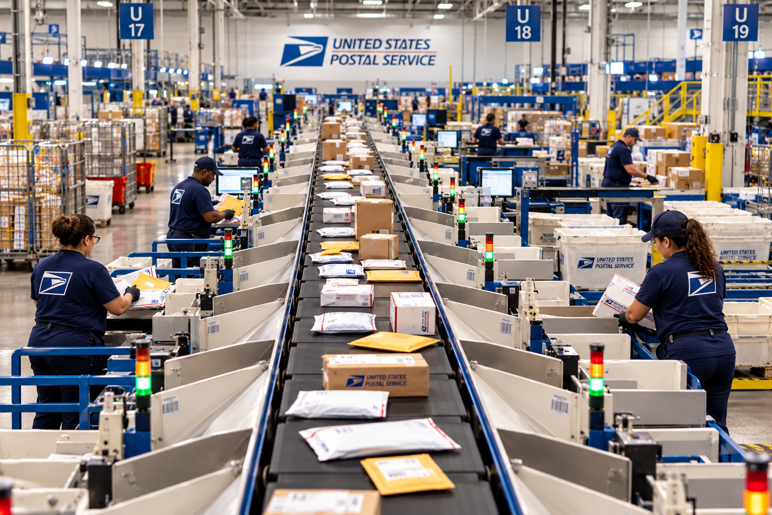 AI-generated view of a modern postal processing facility with sorting conveyors and employees