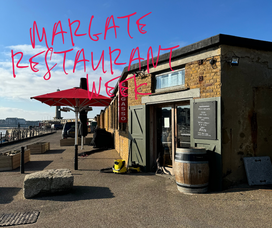 OUTSIDE A RESTAURNAT IN MARGATE ON THE HARBOUR ARM WITH WRITING OVER