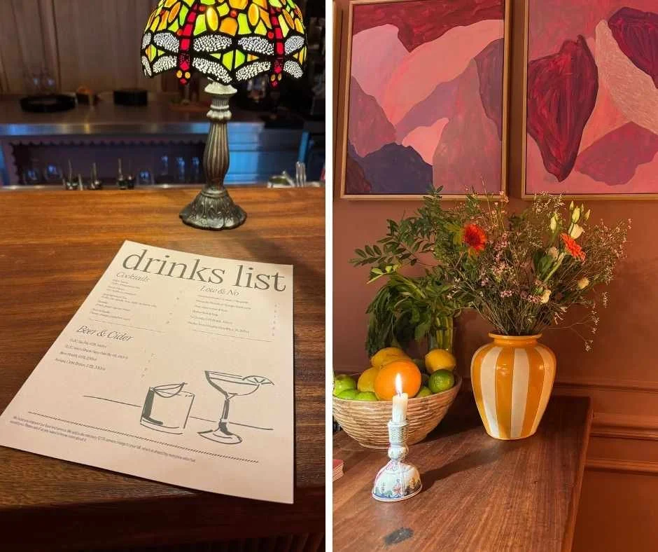 drinks list menu on a bar and then flowers and a candle and a basket of fruit on a bar with pink pictures behind