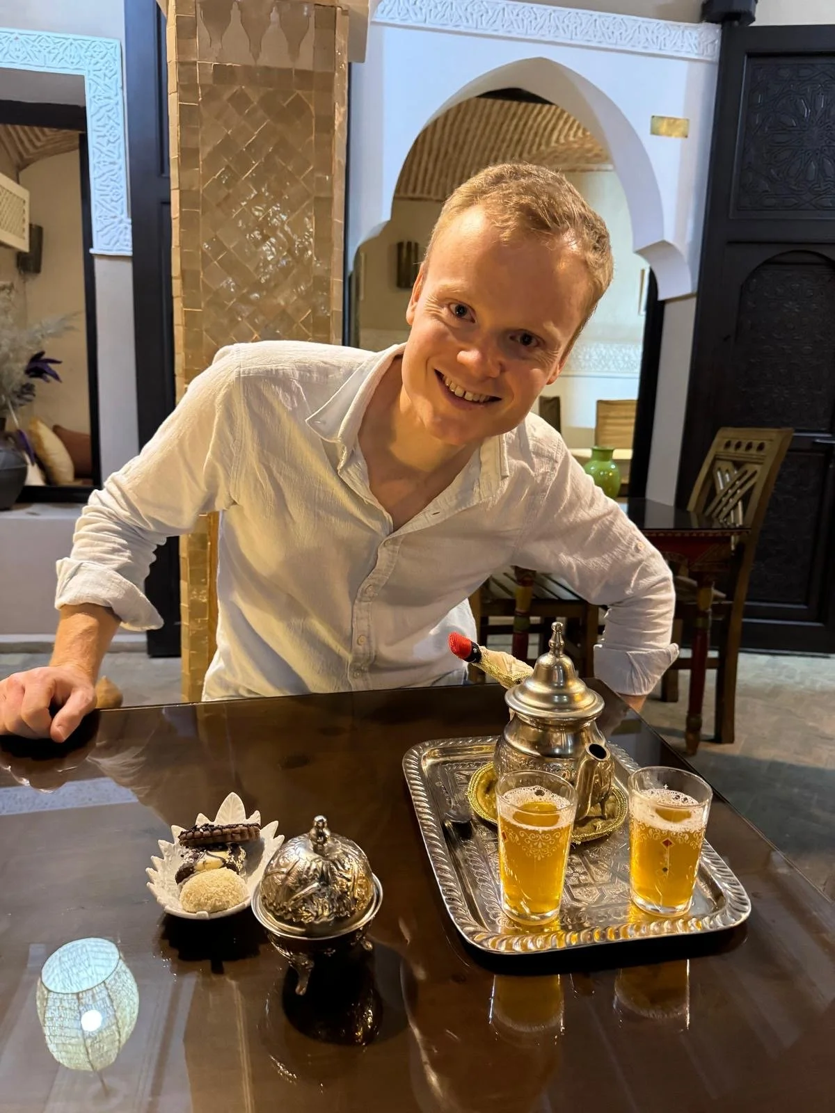 Enjoying welcome tea