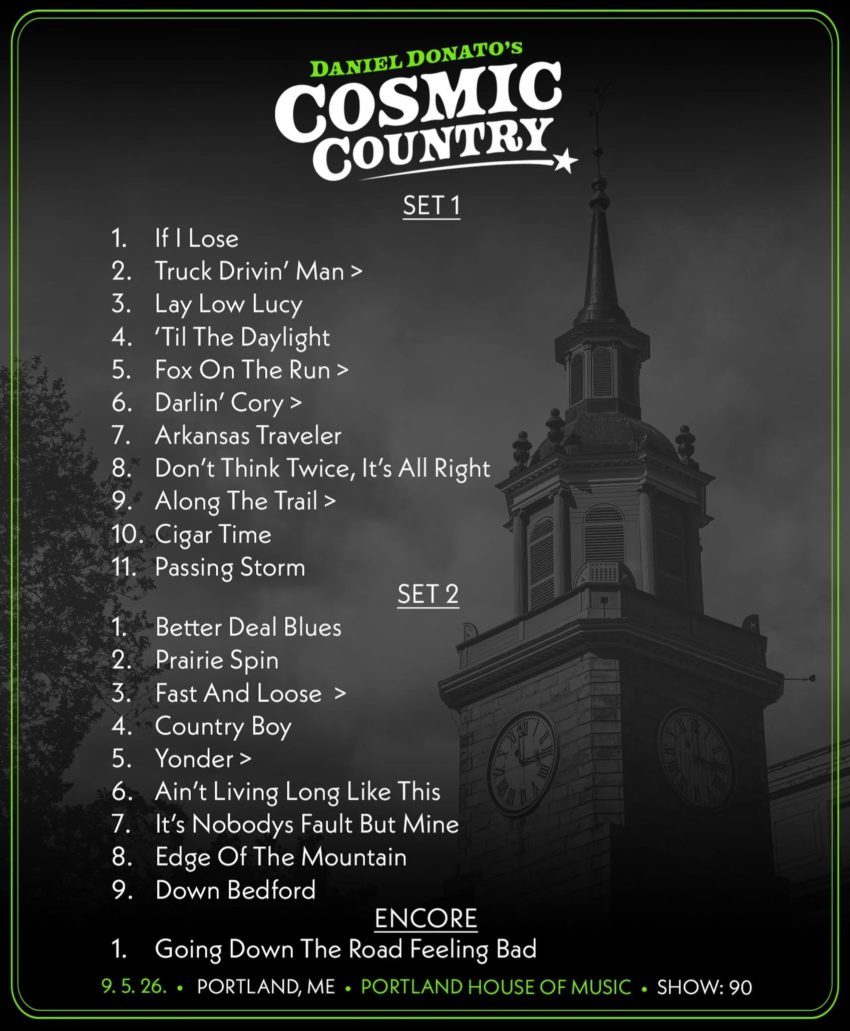 9/5/2026 Portland, ME 

🥕 Head to @thedanielbase to stream the show, for Setlist Saloon and all tour happenings&hellip;

✨ Stream and order the 5-LP Vinyl set of CC&rsquo;s first live album &lsquo;Ryman To Robert&rsquo;s on my site. Yeehaw. 

#cosmi