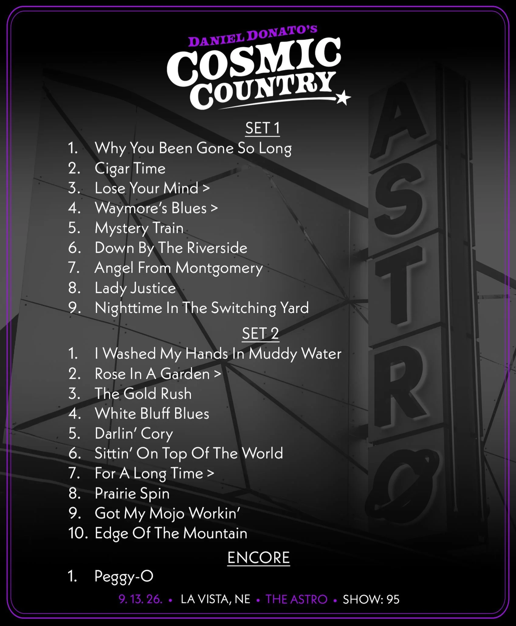 9/13/2026 La Vista, NE 

🥕 Head to @thedanielbase to stream the show, for Setlist Saloon and all tour happenings&hellip;

✨ Stream and order the 5-LP Vinyl set of CC&rsquo;s first live album &lsquo;Ryman To Robert&rsquo;s on my site. Yeehaw. 

#cosm