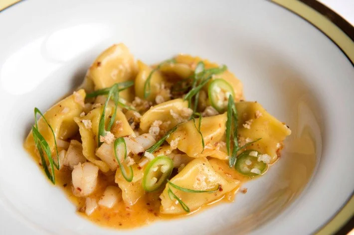 Close-up of pasta with chopped green onions, grated cheese, and sauce on a white plate with gold trim