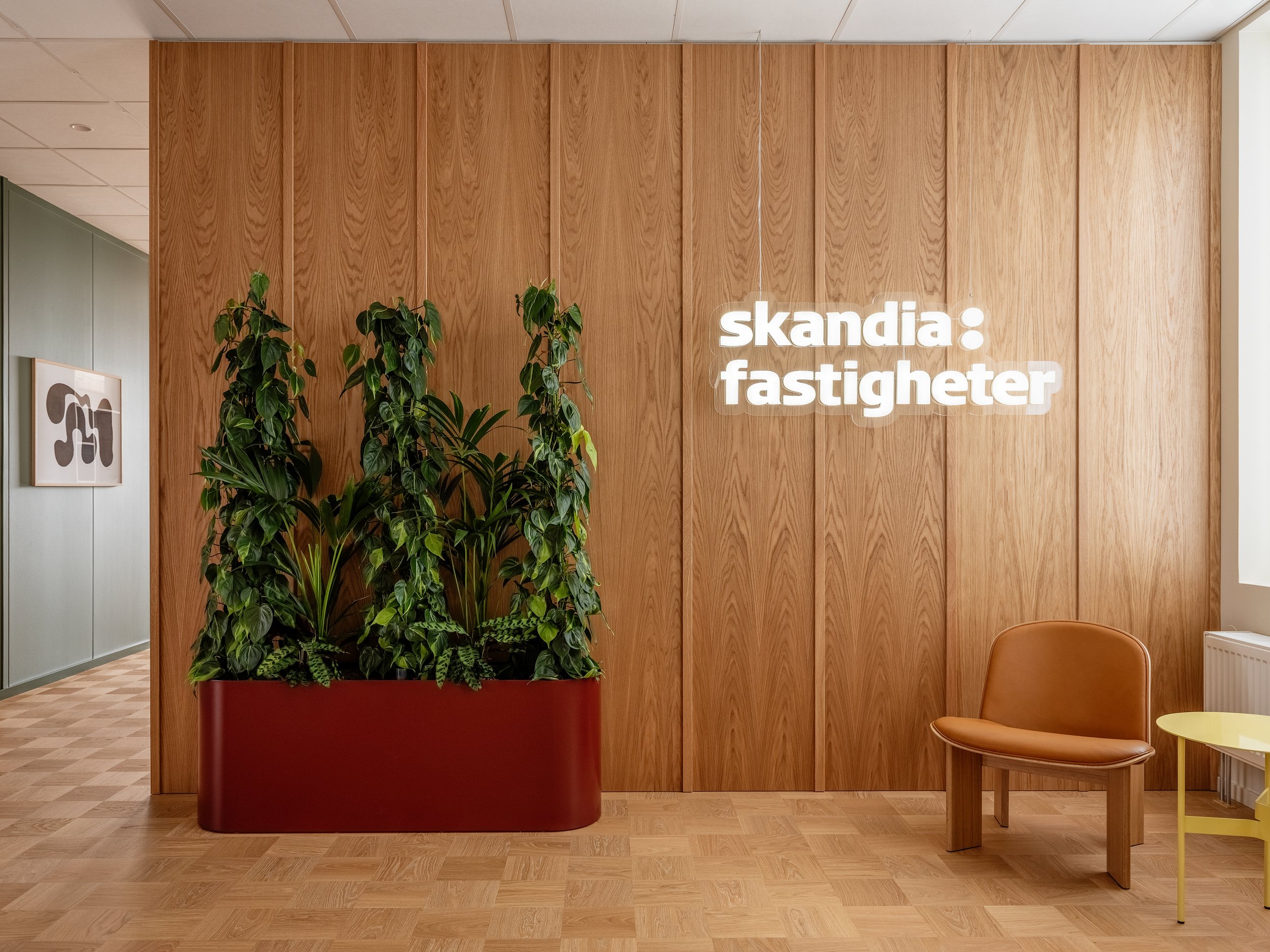 Entrance interior with wood panelling, planter with green plants and illuminated logo