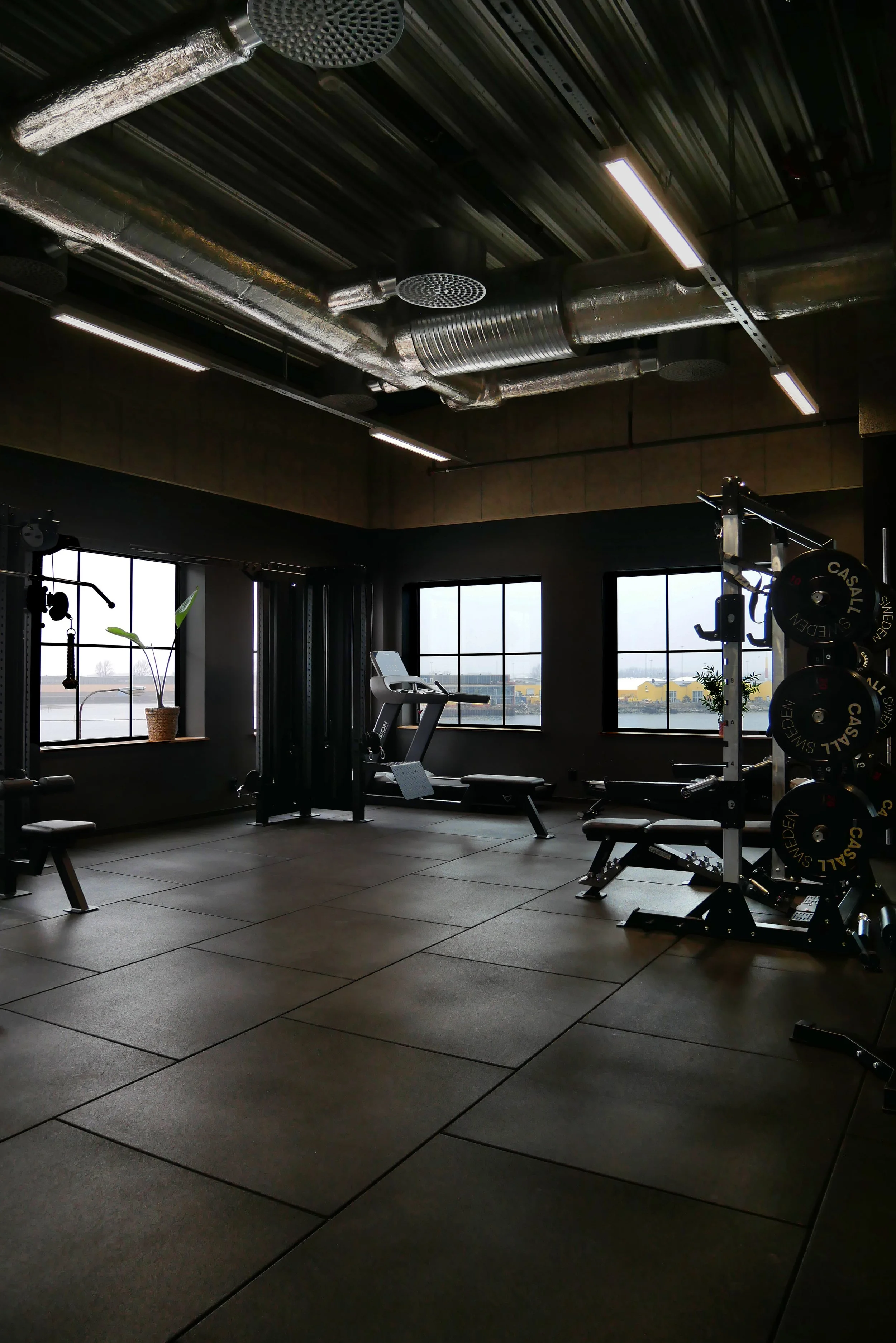 Gym med träningsutrustning och mörk industriell interiör