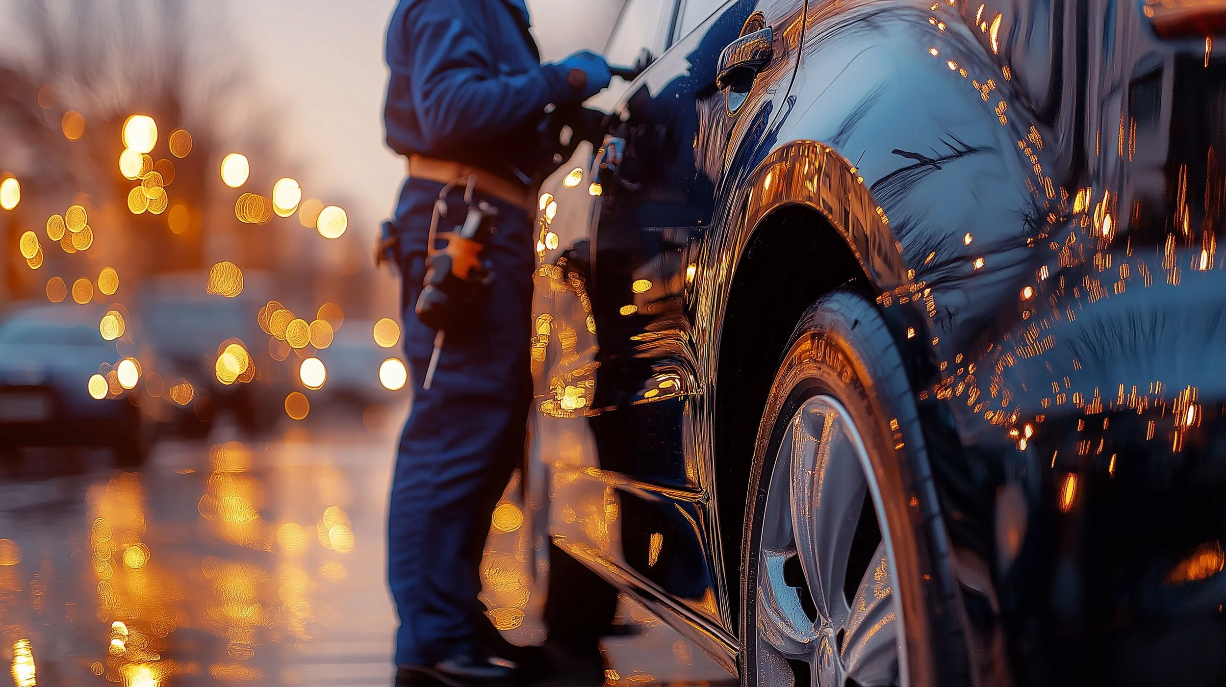 Person in blue jacket washing or inspecting a black car on a rainy street at sunset, with bokeh lights in the background.
