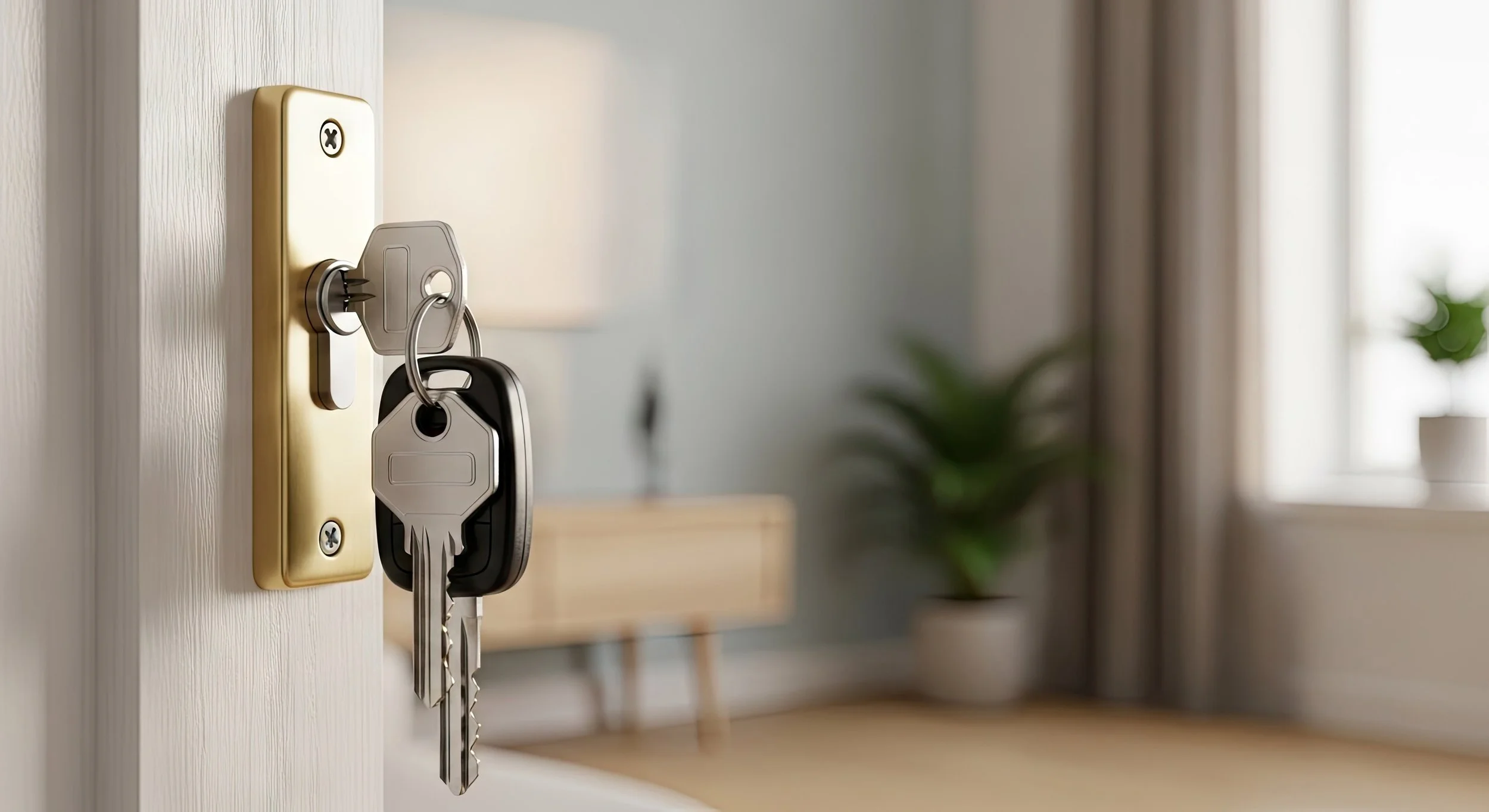 Keys hanging on a gold-colored key holder mounted on a white wall.