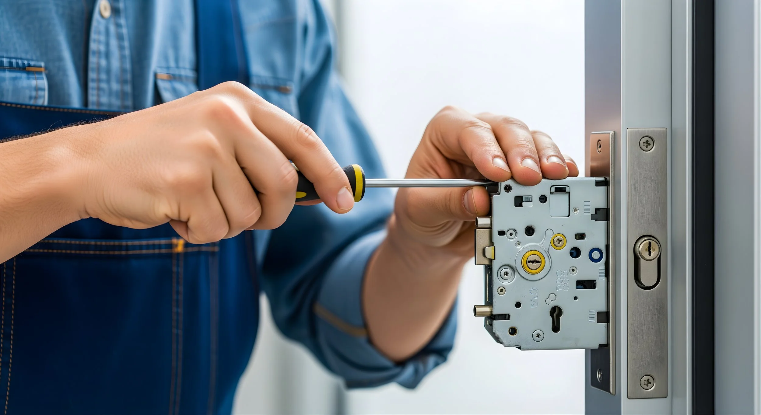Person wearing blue overalls using a screwdriver to work on a door lock mechanism.
