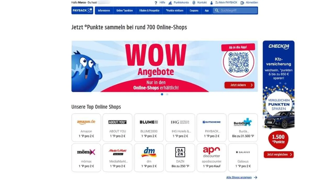 Websiteansicht Payback Partner Online Shopping