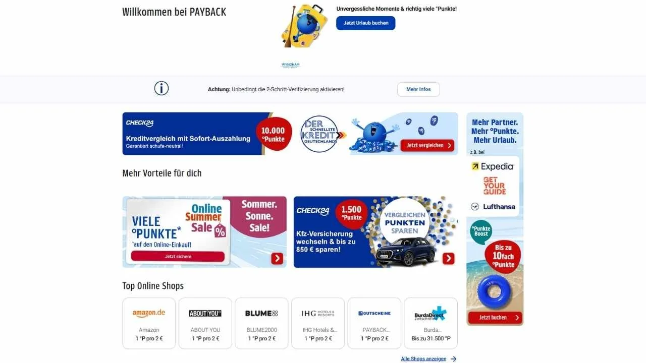 Websiteansicht Payback Online Shopping