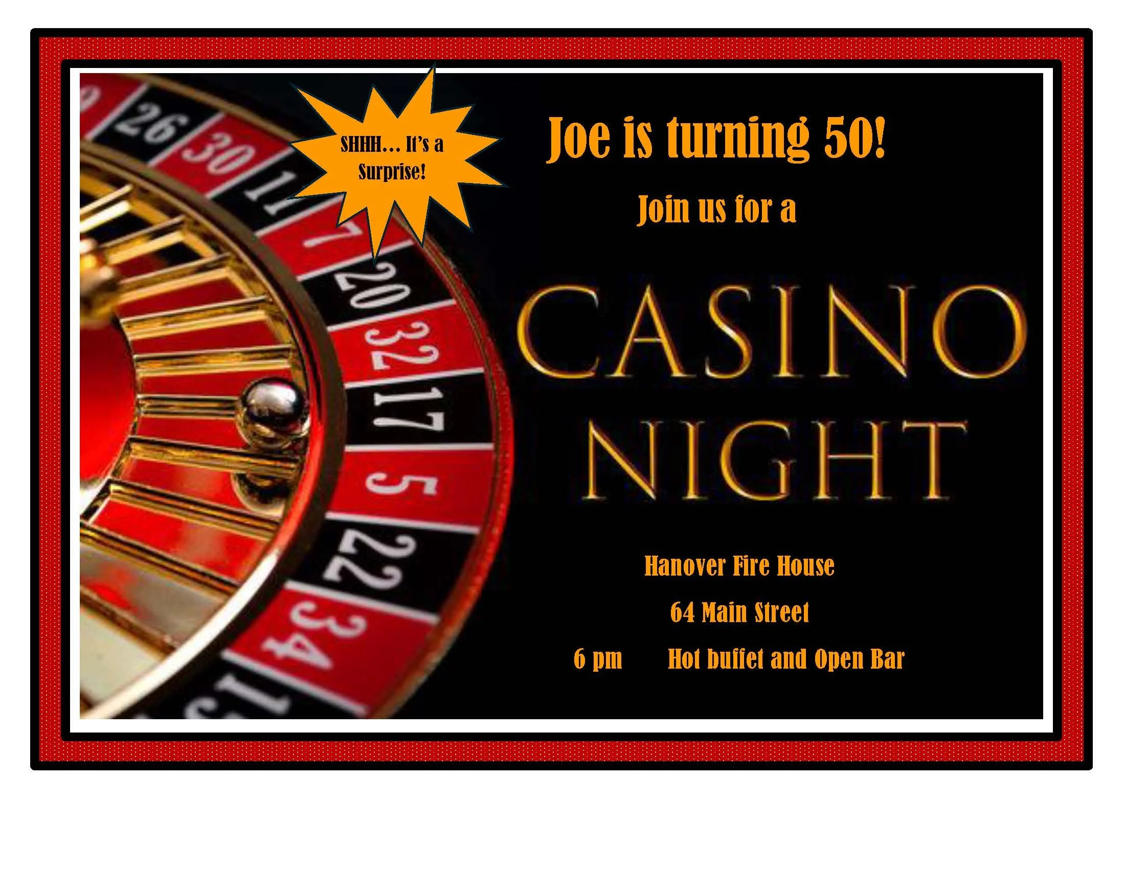 Invitation to a casino night event featuring a roulette wheel and details about the location, time, and activities.