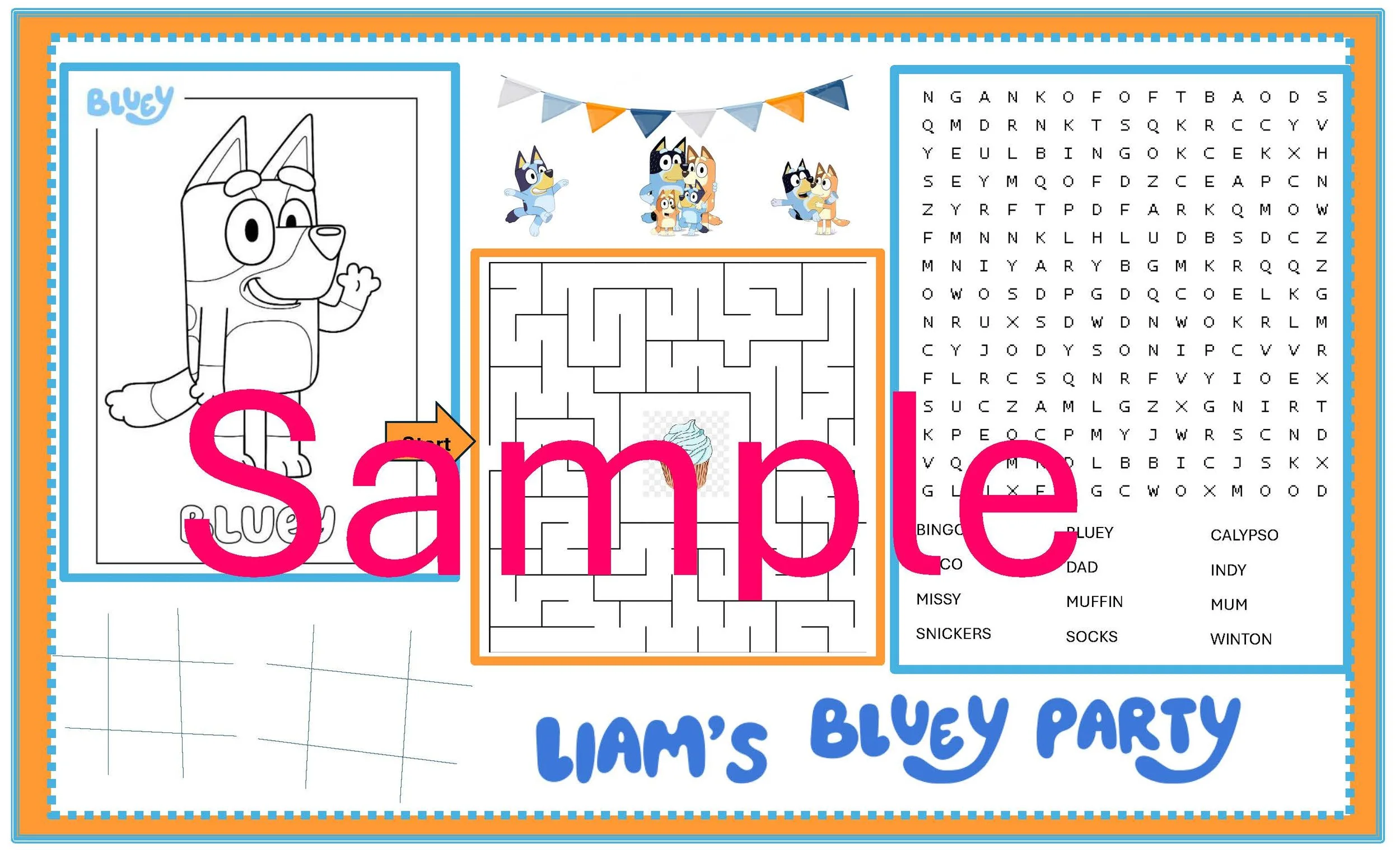 Liam's Bluey Party themed children's activity sheet with a black-and-white image of Bluey, a blue cartoon dog, on the left, a small maze with a cupcake in the center, a word search puzzle on the right, and a blue and orange banner with Bluey characters at the top.