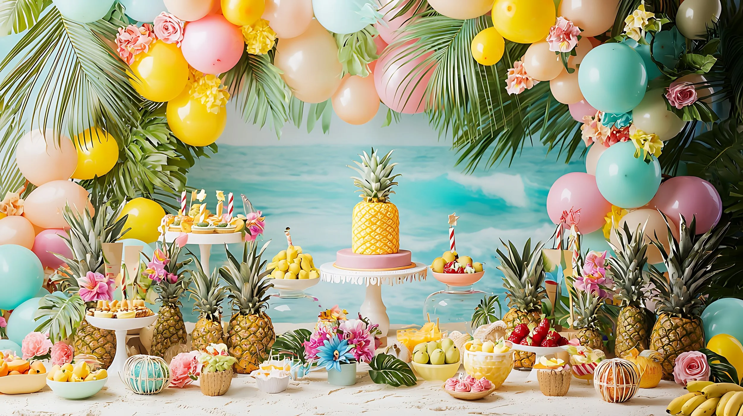Tropical beach-themed party table with balloons, pineapples, fruit, pineapple-shaped cake, and sunset in the background.