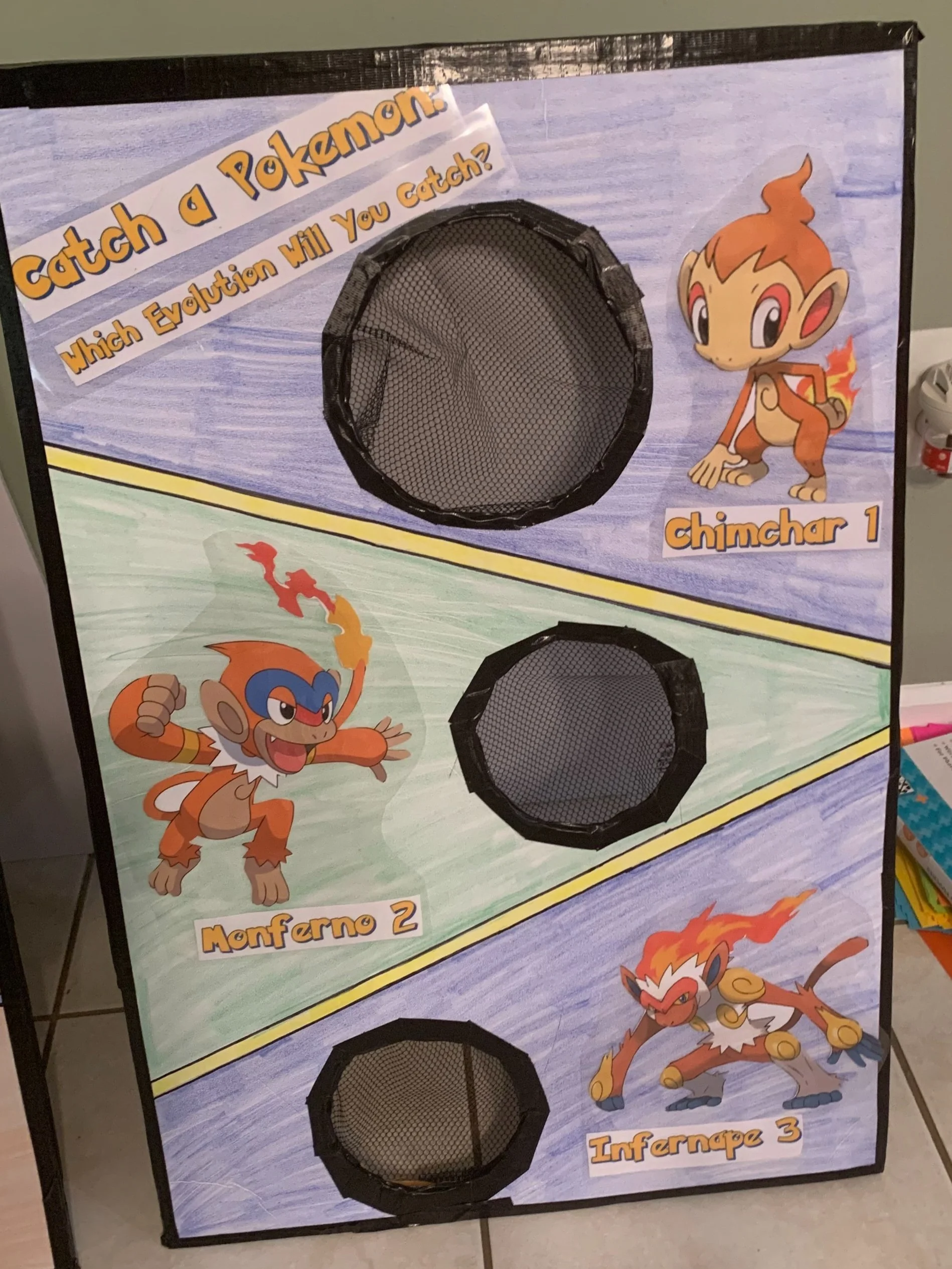 Colorful poster with illustrations of Pokémon characters Chimchar, Monferno, and Infernape, each with a designated catch area and corresponding mesh enclosure. The poster asks, 'Catch a Pokémon: Which Evolution Will You Catch?'