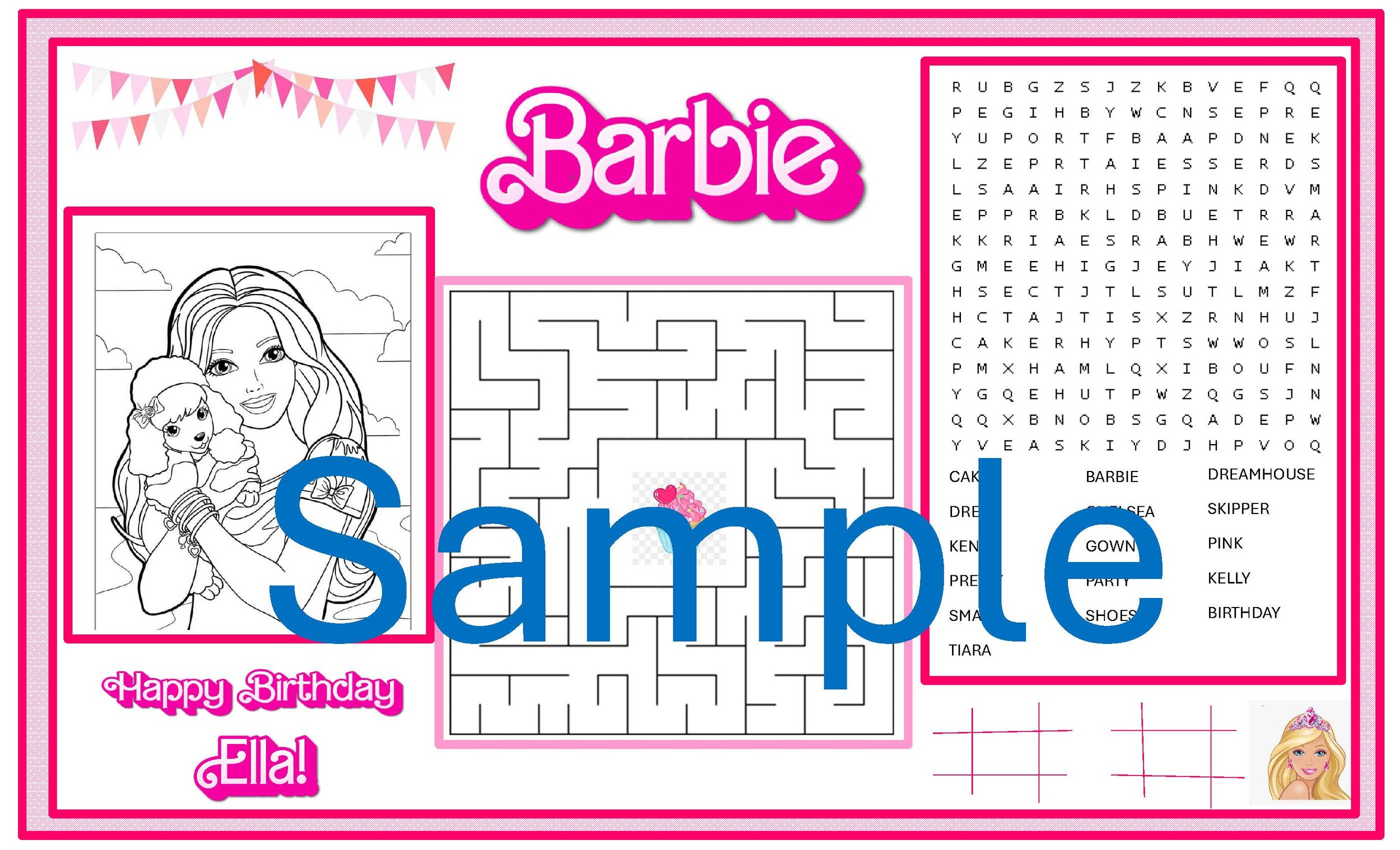 A birthday-themed children's activity sheet featuring a black-and-white coloring picture of a woman and a young girl, a maze, a word search with words like 'cake,' 'barbie,' and 'party,' and a small image of a blonde girl in a pink tiara at the bottom right corner. The sheet has pink and white decorations with banners and the text 'Happy Birthday Ella!'
