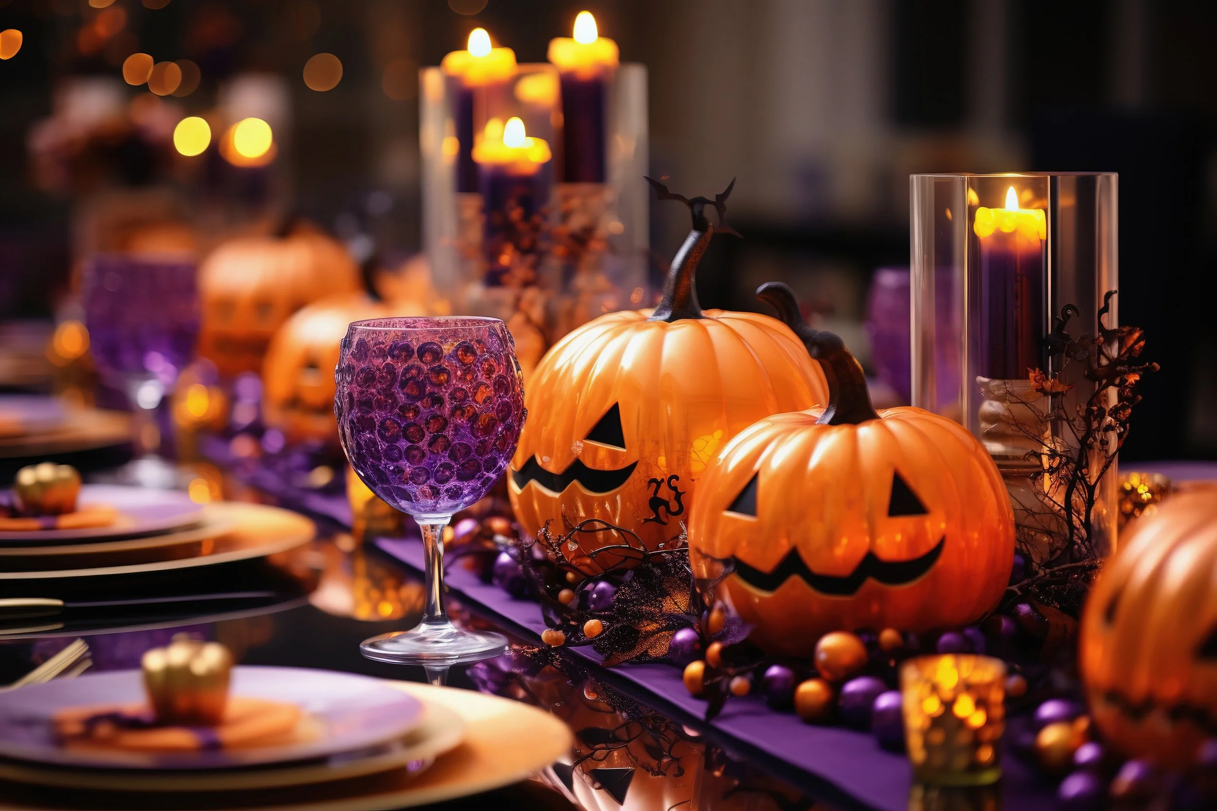 Halloween table decor featuring carved pumpkins with faces, purple candles, and purple wine glasses, set on a table with plates and Halloween-themed decorations.
