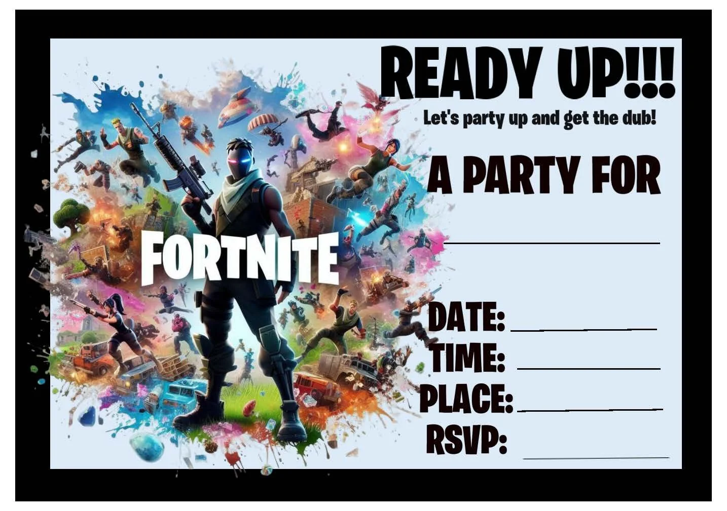 Print at home blank Fortnite Invitations Style 2