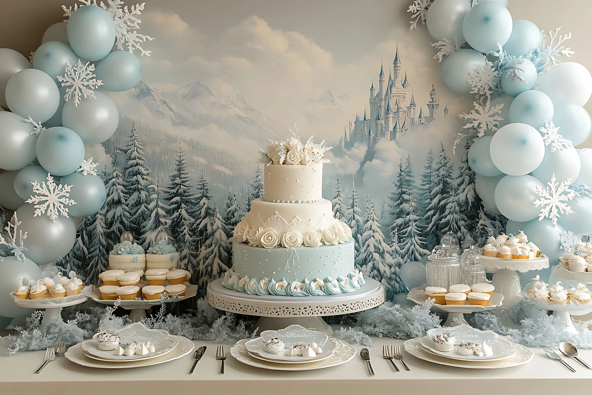 Ice castle-themed birthday party table with a three-tiered cake, surrounded by cupcakes and desserts, decorated with snowflake motifs and blue balloons, with a winter forest and castle mural in the background.