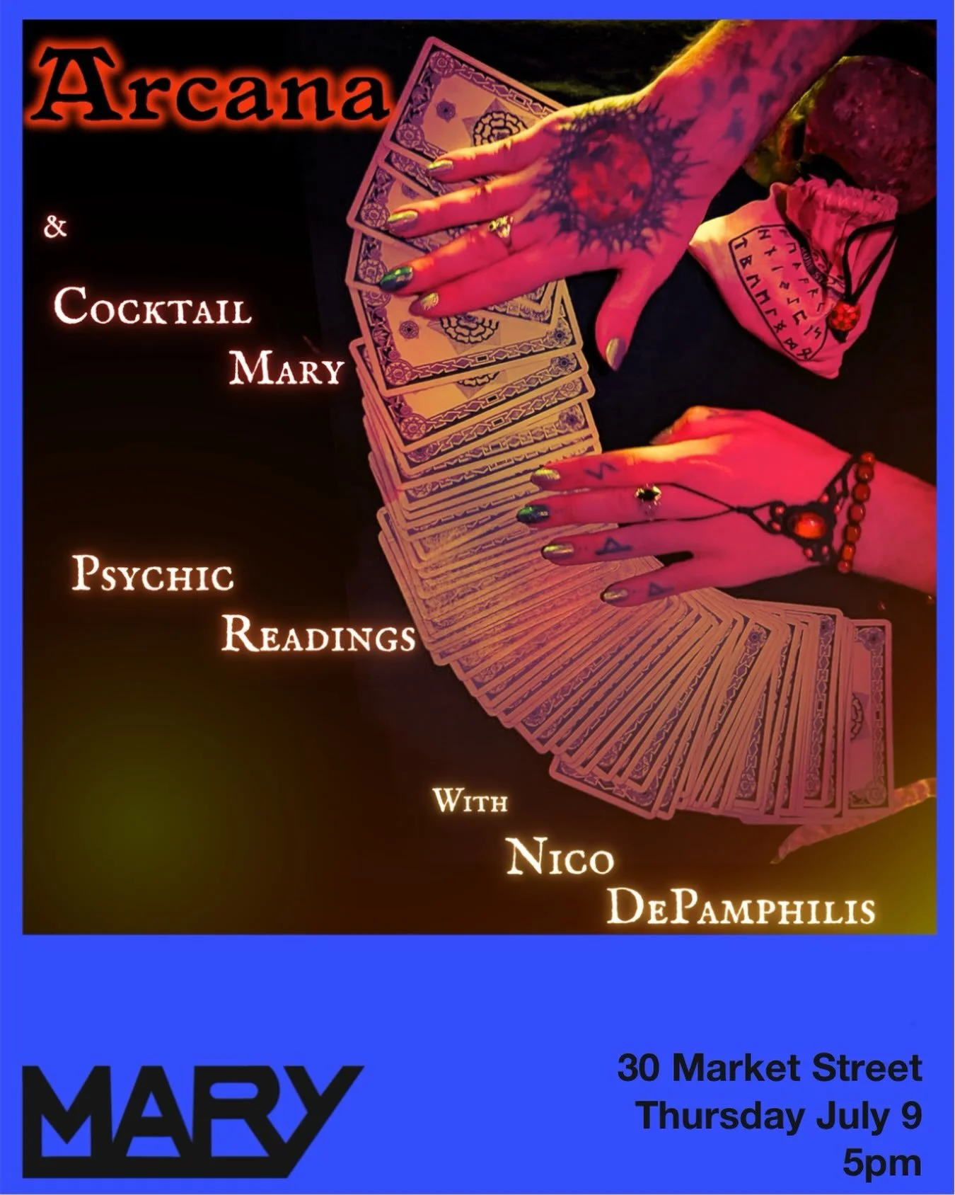 Arcana&rsquo;s Nico DePamphilis will be doing psychic readings at Cocktail Mary on Thursday from 5pm! We hope a happy hour cocktail is in your future! 🔮✨🍸