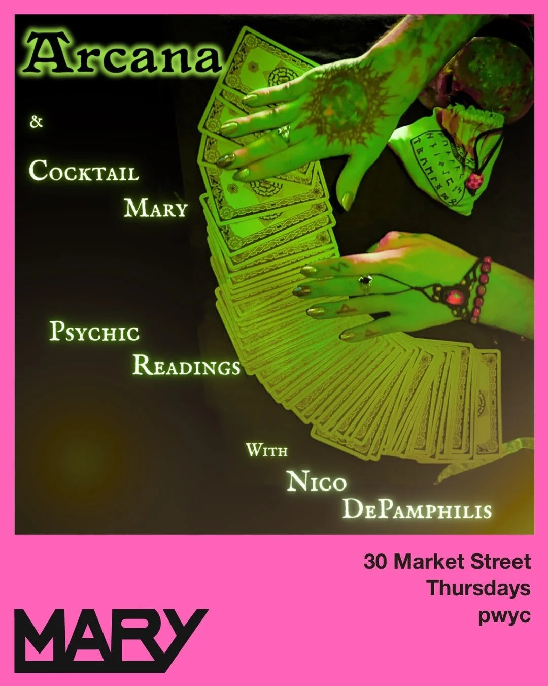 🔮NOW WEEKLY🔮 
Arcana&rsquo;s Nico DePamphilis + Cocktail Mary 
Tarot readings from 5pm onward! 💫
Happy Hour 5pm-7pm
Open 5pm-Late