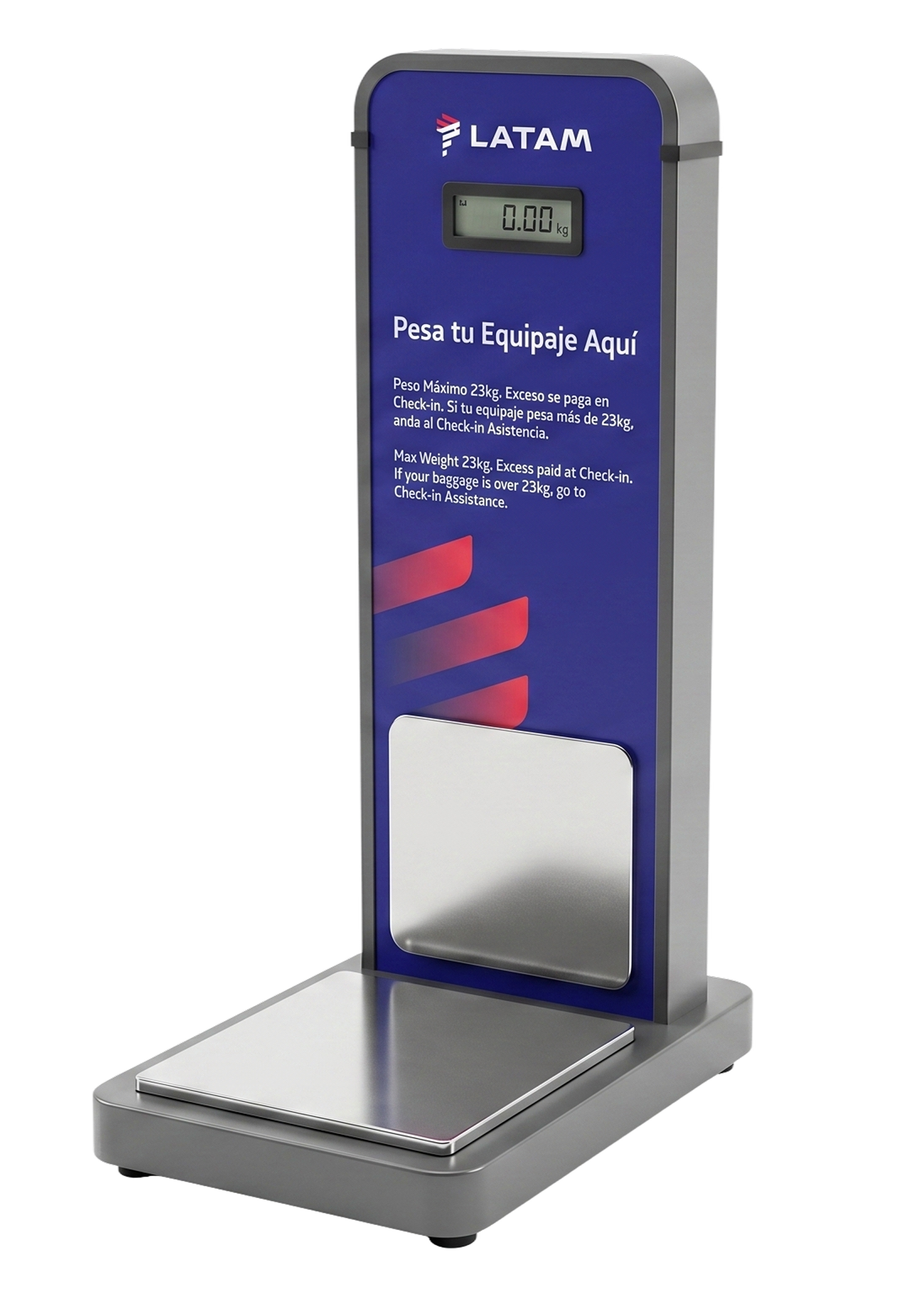 Balanza de equipaje en aeropuerto, con pantalla digital, instrucciones en español e inglés para pesar el equipaje con peso máximo de 23 kg, marca LATAM.