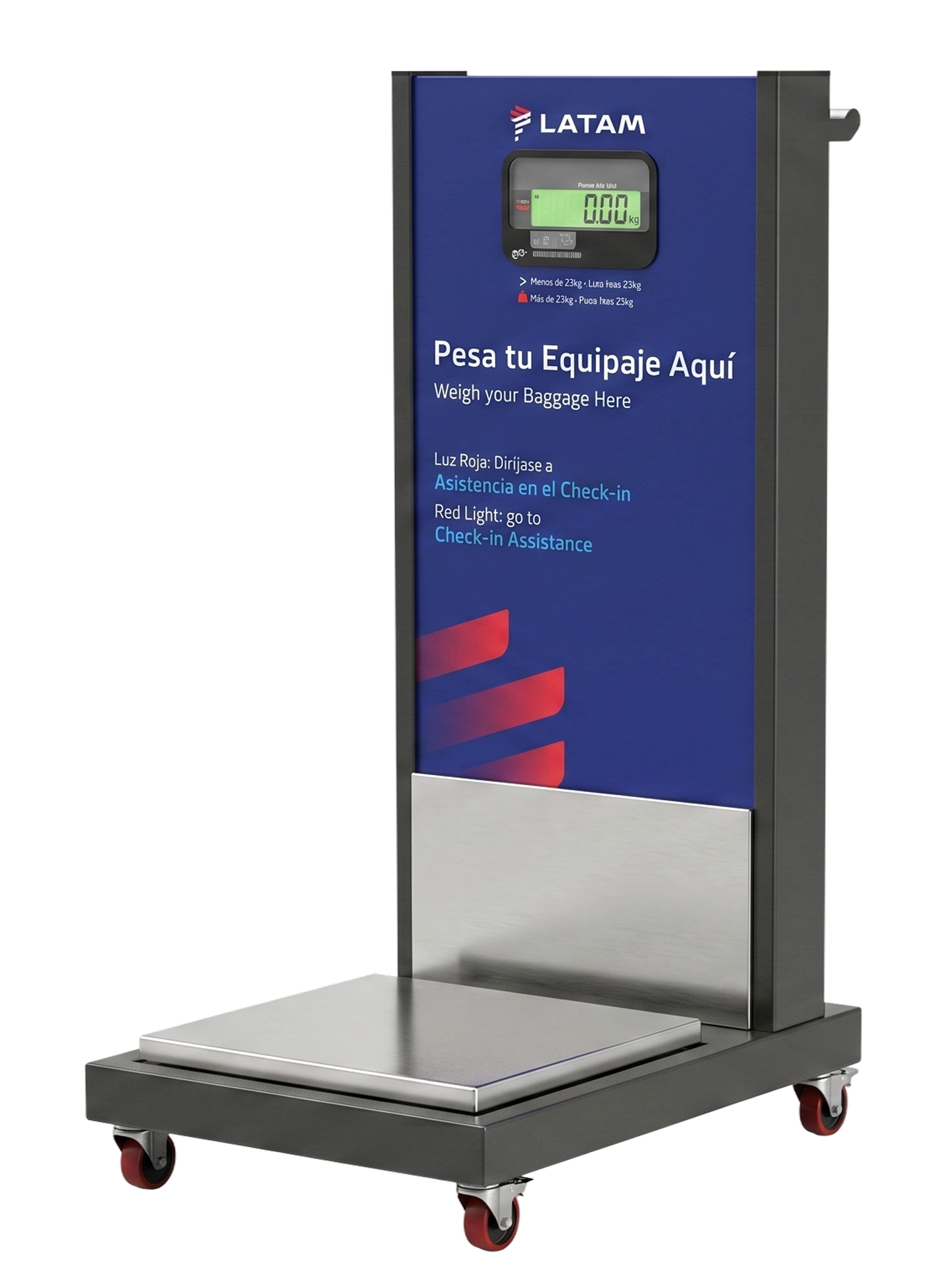 Balcón de equipaje de aeropuerto en color azul con cartel en inglés y español que dice 'Pesa tu Equipaje Aquí / Weigh your Baggage Here'. Tiene una pantalla digital que muestra peso 0.00 kg y una luz roja que indica a dónde dirigirse para asistencia en el check-in.