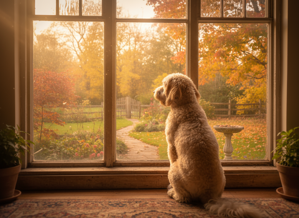 Australian Labradoodle looking out a window