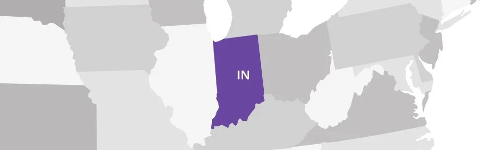 Map of the United States highlighting Indiana in purple, with the abbreviation 'IN' inside the state