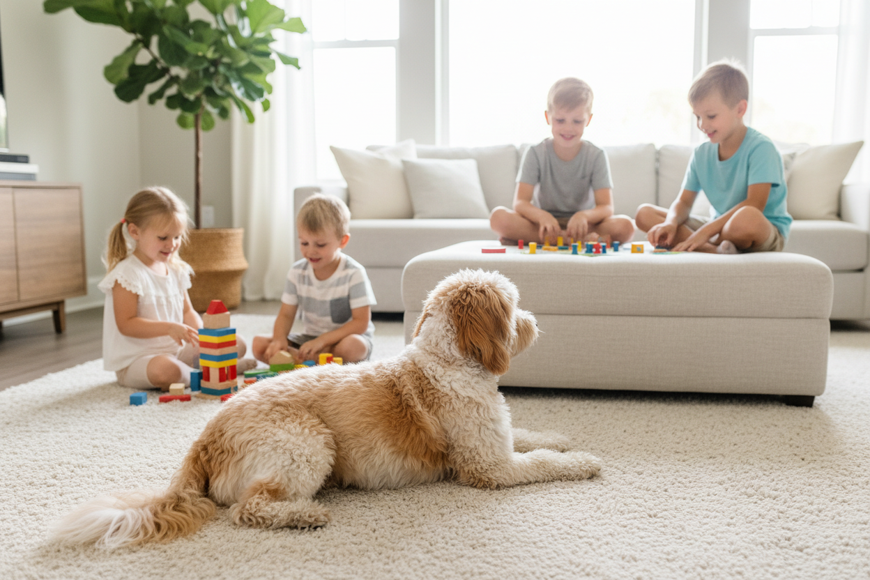 An Australian Labradoodle lying on the floor while kids play in a living room