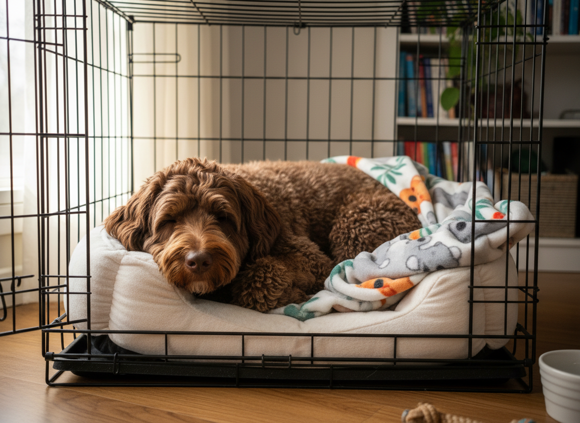 An Australian Labradoodle resting in an open crate