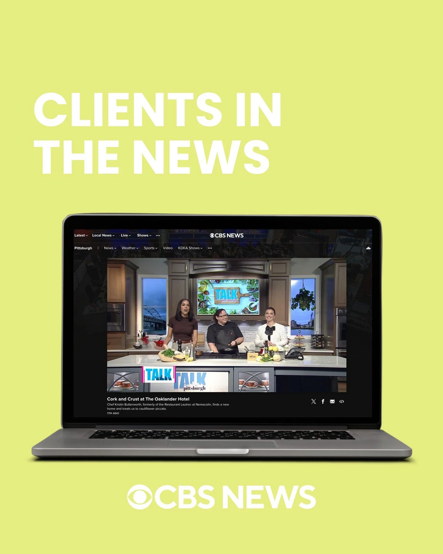 We love seeing our incredible clients in the spotlight! 👏🏻

@corkandcrustpgh Executive Chef, Kristin Butterworth, was just on @talkpittsburgh to chat all about the new restaurant opening at @theoaklanderhotel.  She even made one of the delicious ve