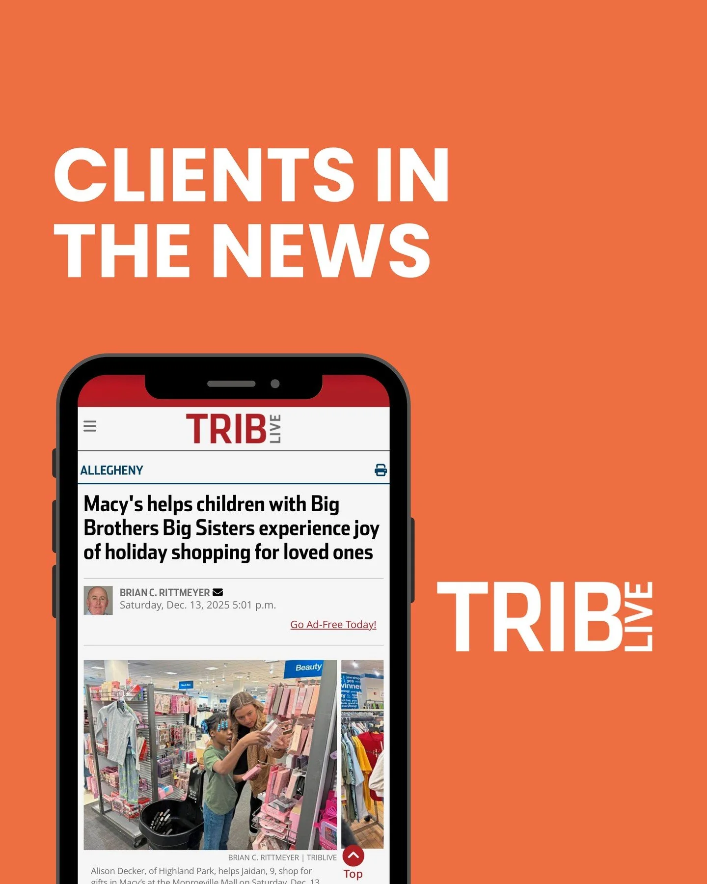 Our client, @bbbspgh, is working overtime to make the holidays brighter and we're very thankful to @triblive for highlighting their latest effort!

BBBSPGH teamed up with Macy's for a special shopping event for Littles.  With their Bigs by their side