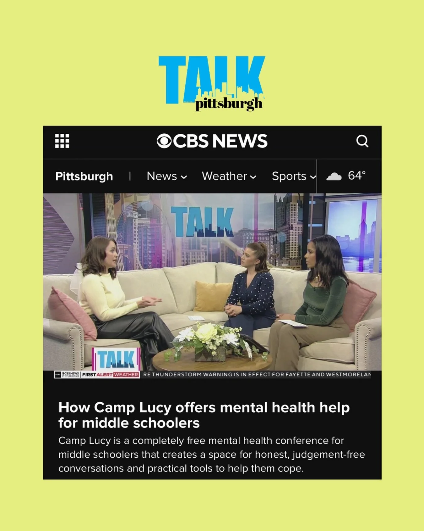 Our founder and CEO,&nbsp;@_jordancorcoran_, joined&nbsp;@talkpittsburgh to share the heart behind Camp Lucy&nbsp;&mdash; her free mental health conference for middle school students and a program of her mental health organization,&nbsp; @listenlucy.