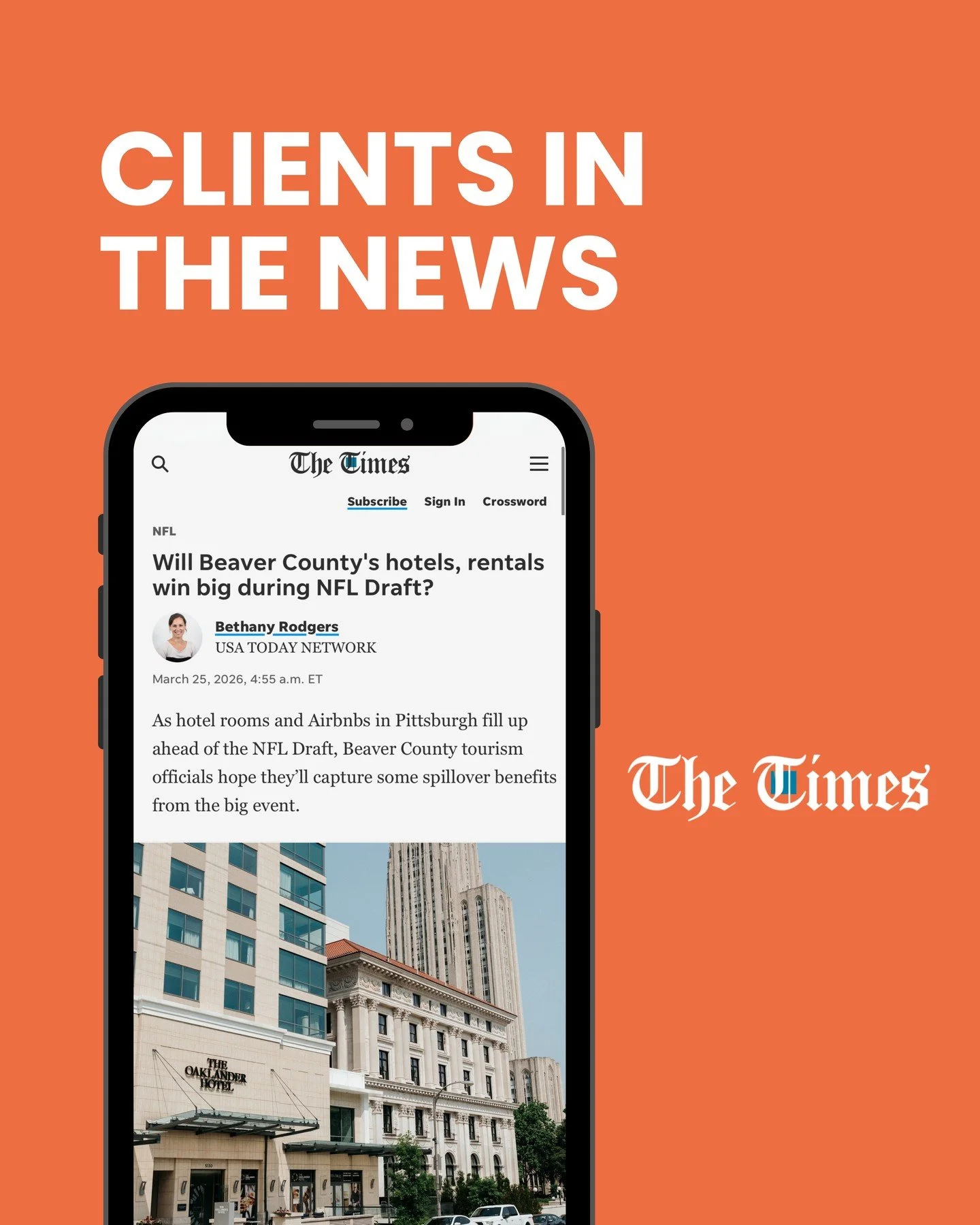 All eyes are on Pittsburgh as the NFL Draft approaches and our clients are front and center!

We're proud to have positioned Perry Ivery, General Manager of The Oaklander Hotel, as a go-to voice on how the hospitality industry is preparing to tackle 