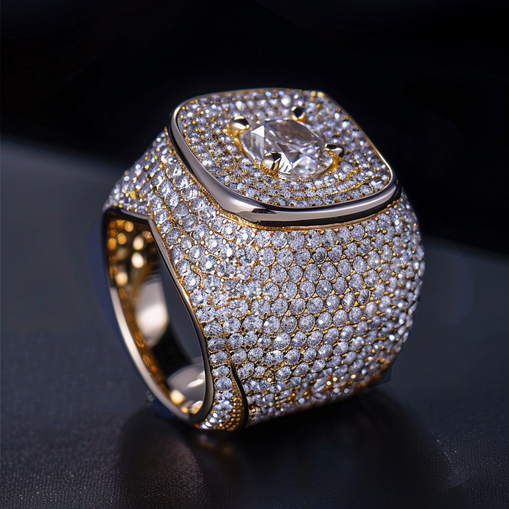 Luxury diamond ring with large central gemstone and intricate pave design on black background.