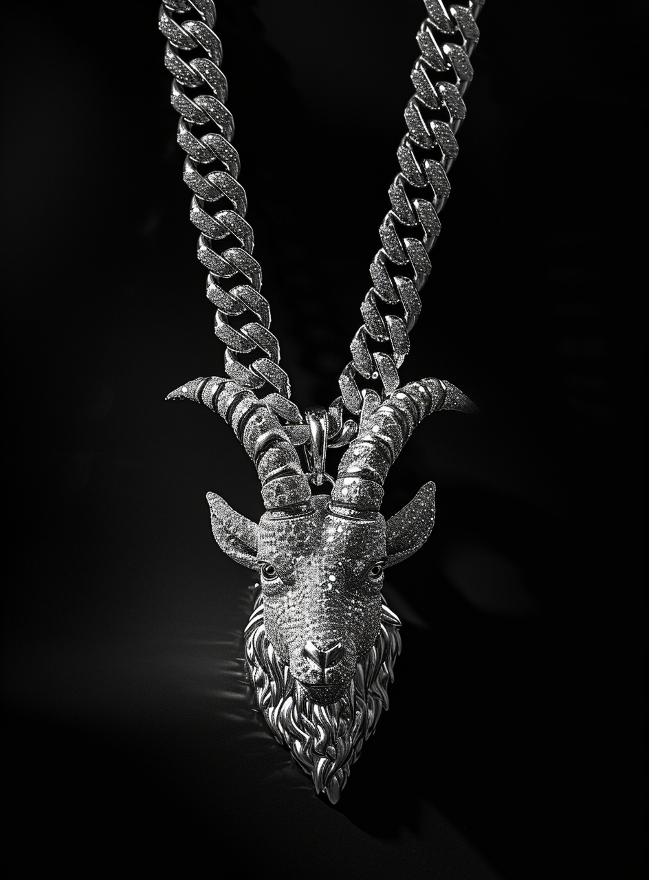 Diamond-encrusted goat head pendant on a thick chain necklace against a black background.