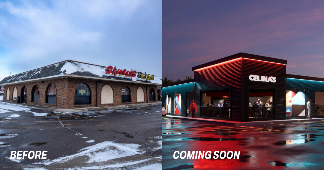 Split image showing the transformation of a former Shooters's restaurant into a new Celina's restaurant with a modern design & colorful neon lights