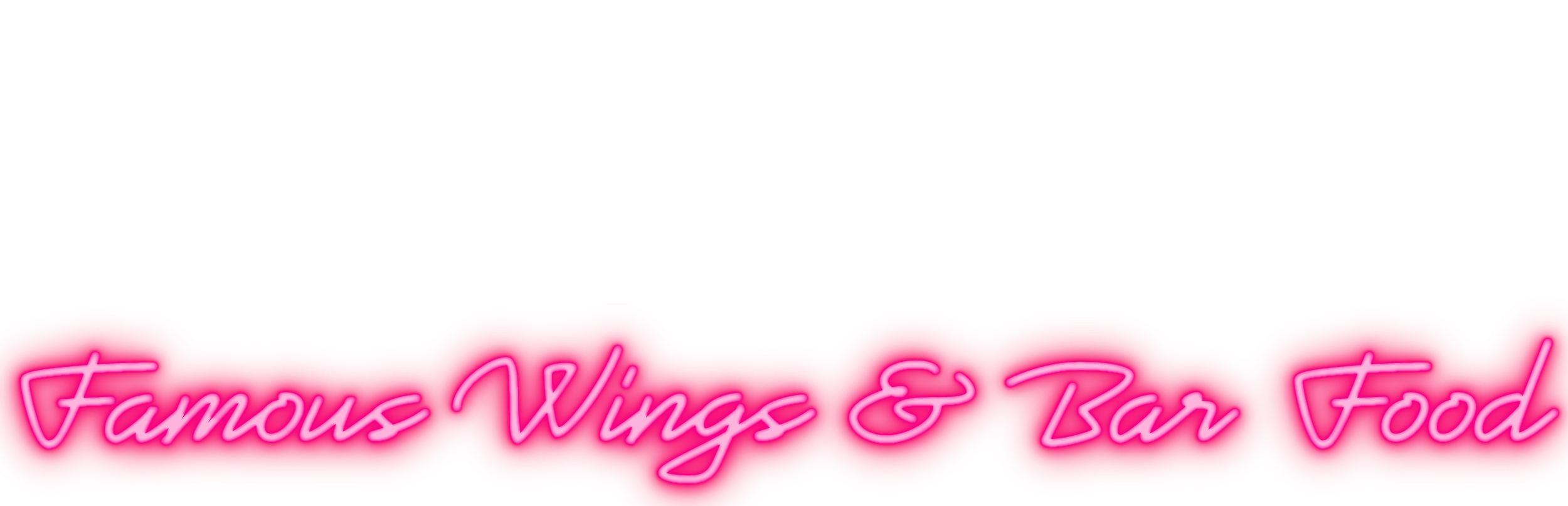 Neon sign reading 'Famous Wings & Bar Food' in pink cursive font.