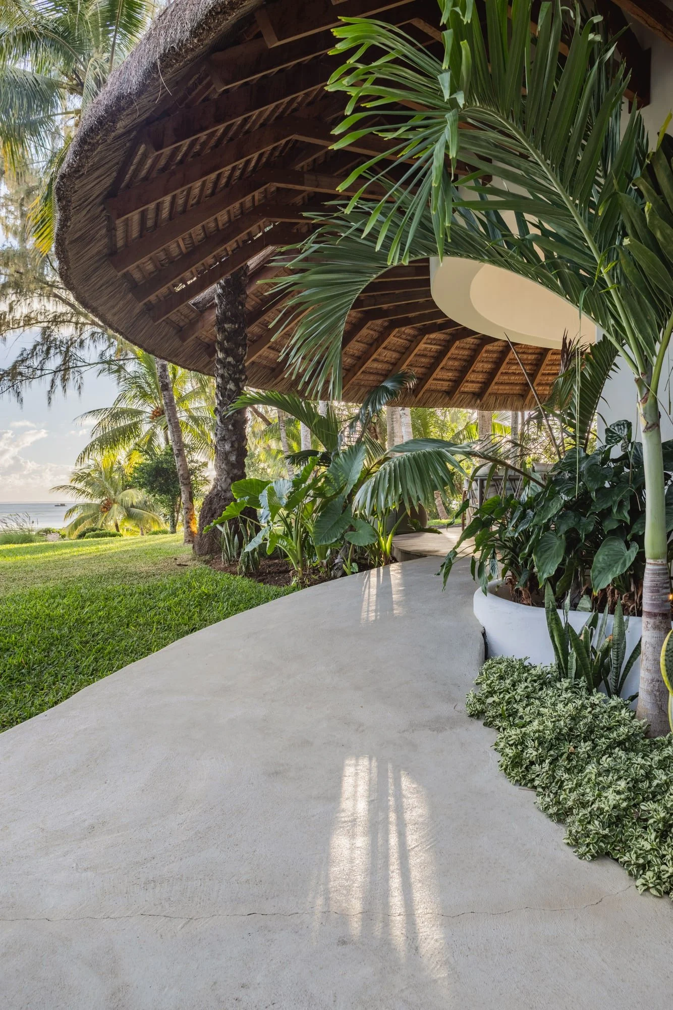 Curved architectural walkway winding through dense tropical planting
