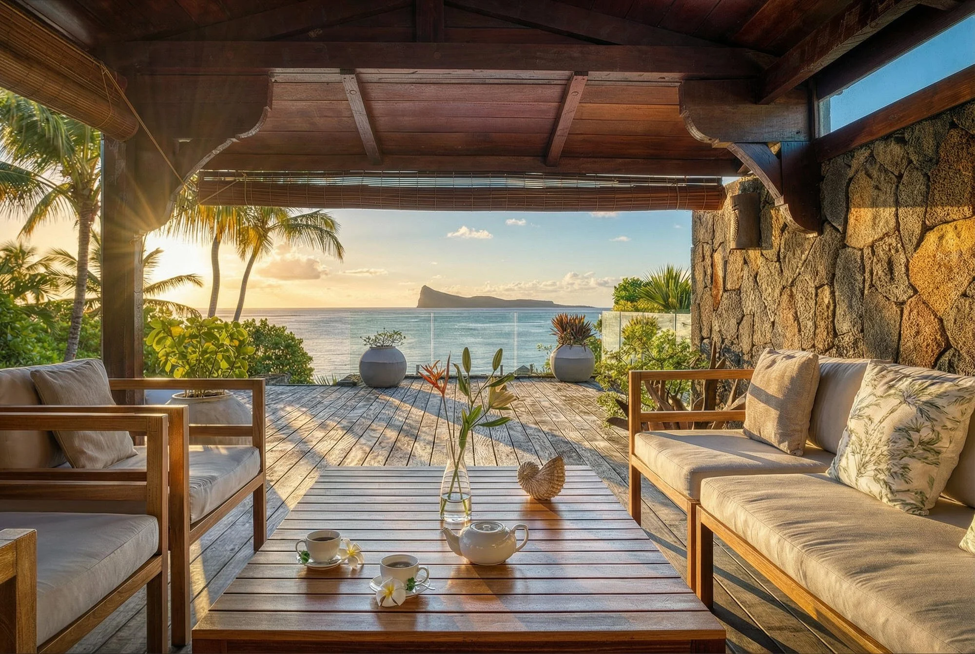 Terrasse en bois avec vue sur la mer, chaises en bois avec coussins, table avec une théière et des tasses, plantes en pot, palmier et roche dans un paysage tropical au coucher du soleil.